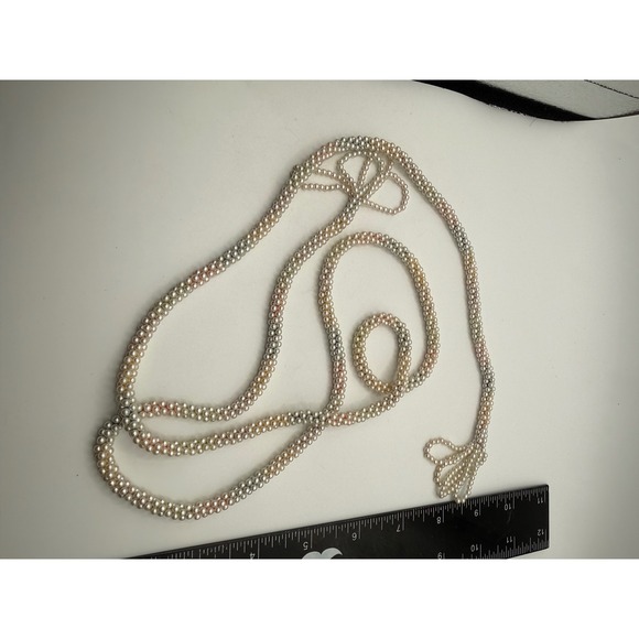 Jewelry - Multi Strand Pearl Bead Rope Necklace Long Tassel Ends White Peach Grey 56 Inch
